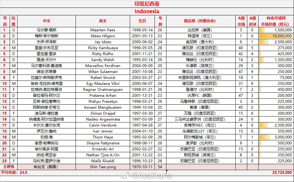 印尼23人有11人歸化＆10人效力歐洲，坐擁荷甲、美職聯(lián)、意甲主力